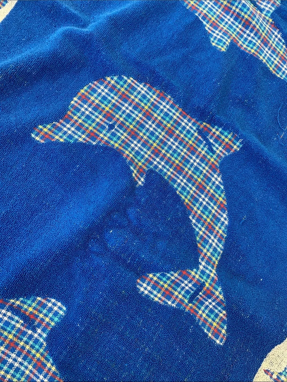 Vtg Beach Towel Dolphin Blue Plaid  Seashells Accent Nautical Cotton Beach Towel